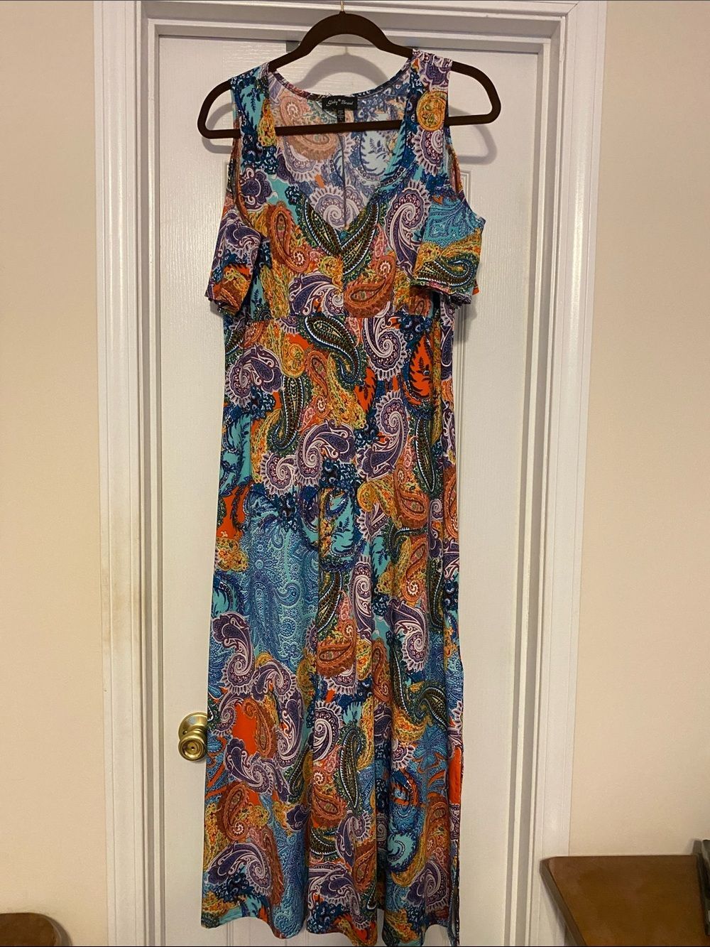 Slinky Brand Multicolor Paisley Cold-Shoulder Maxi Dress large